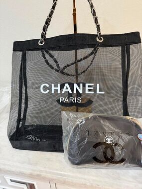 CHANEL Black Mesh Tote Bag with Chain Handles